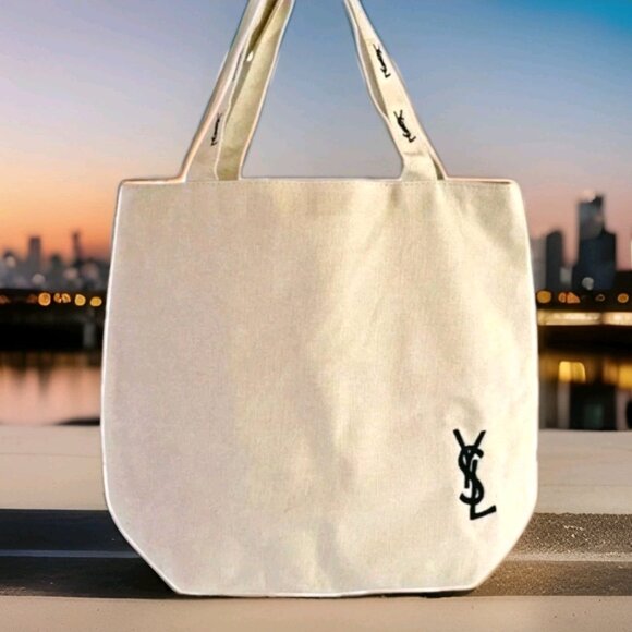 YSL Beige Canvas Tote with Black Embroidered Logo and Pink Lining ~ NEW - Picture 1 of 4